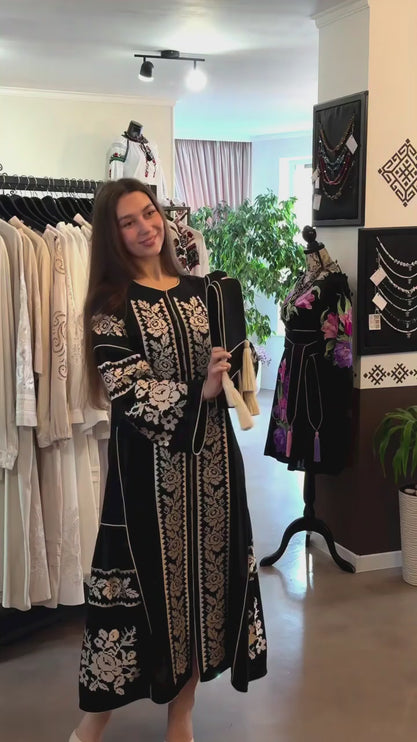 Luxury Black Linen Embroidered Dress — Designer Vyshyvanka with Gold-Beige Embroidery