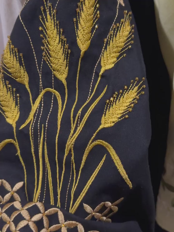 Black Ukrainian Embroidered Blouse with Handmade Bead Embroidery and Wheat Motif