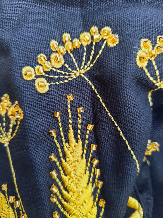 Black Ukrainian Embroidered Blouse with Handmade Bead Embroidery and Wheat Motif