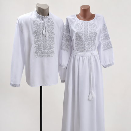 Ukrainian White Embroidered Maxi Dress with Gray Embroidery