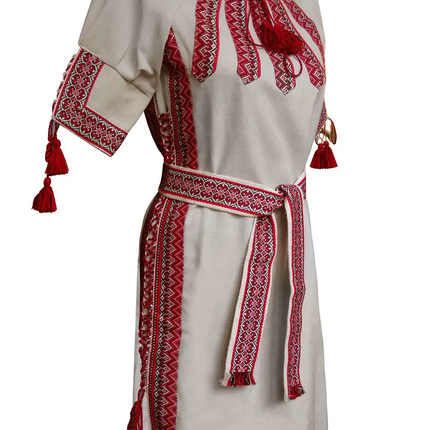 Ukrainian linen vyshyvanka dress with a belt