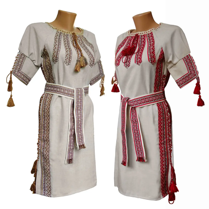Ukrainian linen vyshyvanka dress with a belt