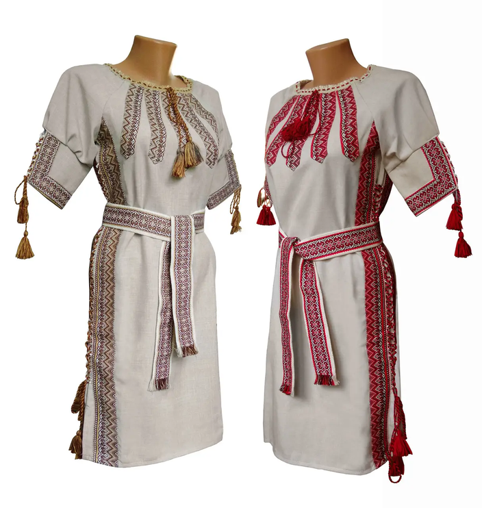 Ukrainian linen vyshyvanka dress with a belt