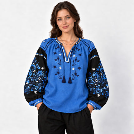 Women’s Blue and Black Ukrainian Embroidered Vyshyvanka Blouse