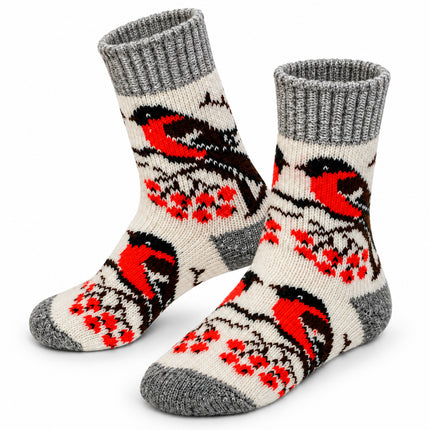 Women’s cream sheep wool socks with red-breasted bullfinches, rowan berries and gray heels and toes